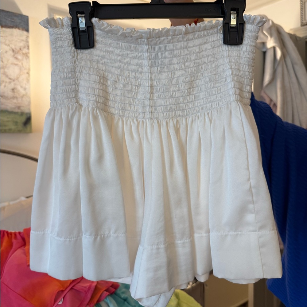 White Smocked High-Waist Shorts